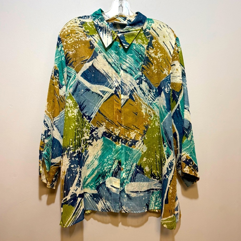 Alfred Dunner Green and Blue Lightweight button down‎ semi-sheer shirt